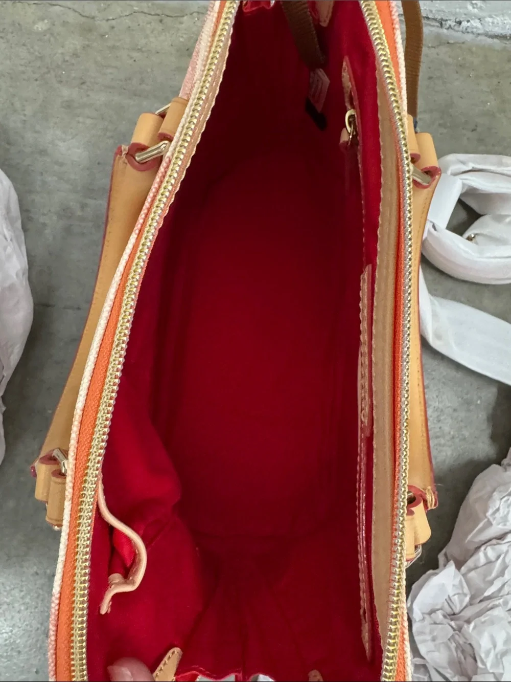 Dooney & Bourke Orange and Cream Plaid Satchel with Tan Trim